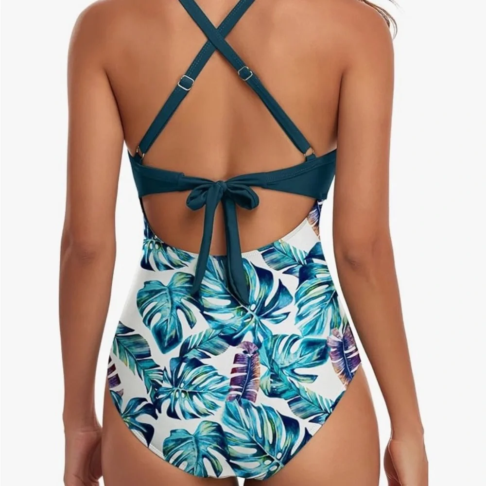Elegant Teal and Leaf Print One Piece Swimsuit